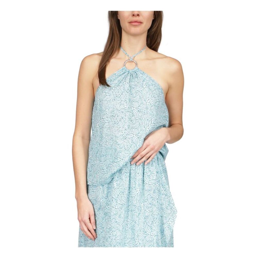 MICHAEL KORS Womens Turquoise Sheer Printed Sleeveless Halter Top Petites P\XS